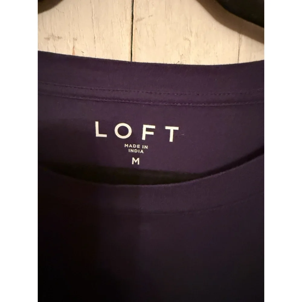 LOFT Top Blouse Mixed Media Navy Blue Puff Sleeve Knit Cotton‎ Cottagecore Sz-M